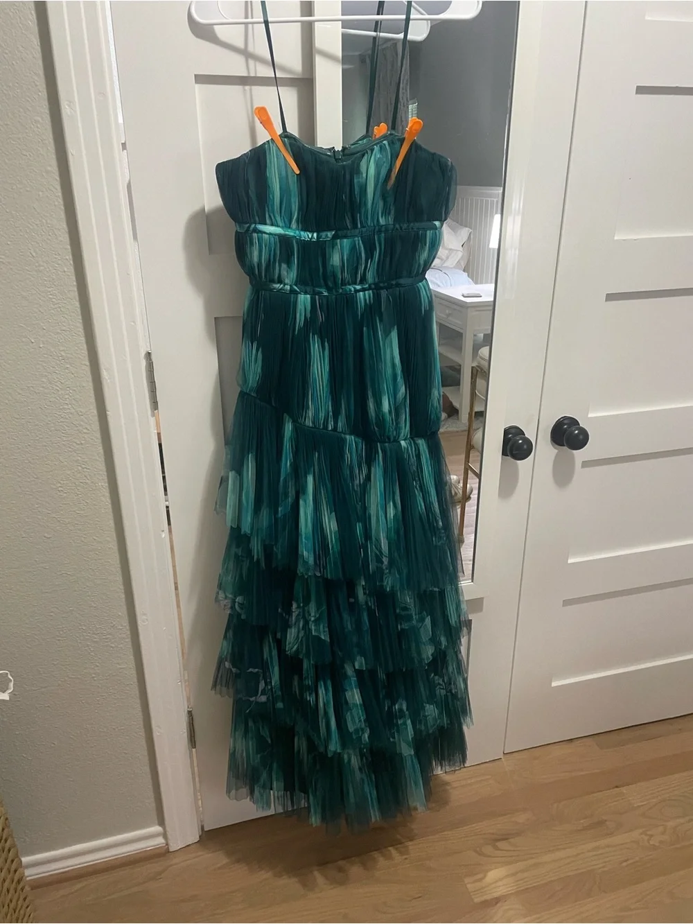 Hutch Teal Tiered Strapless Tulle Gown